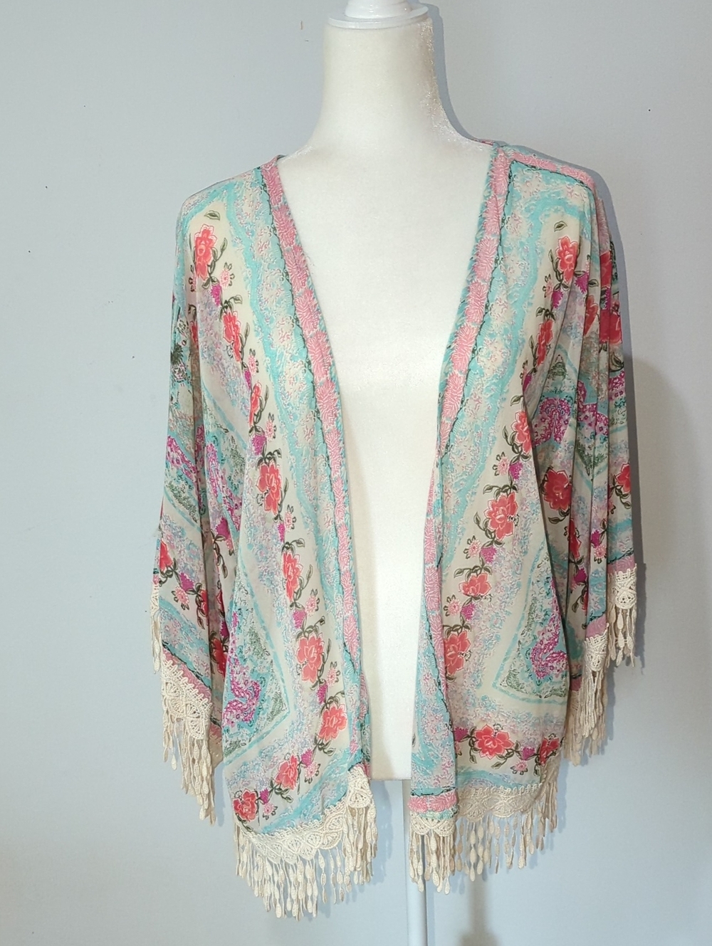 ENTRO Cream Floral Fringe Kimono with Pink & Teal Accents